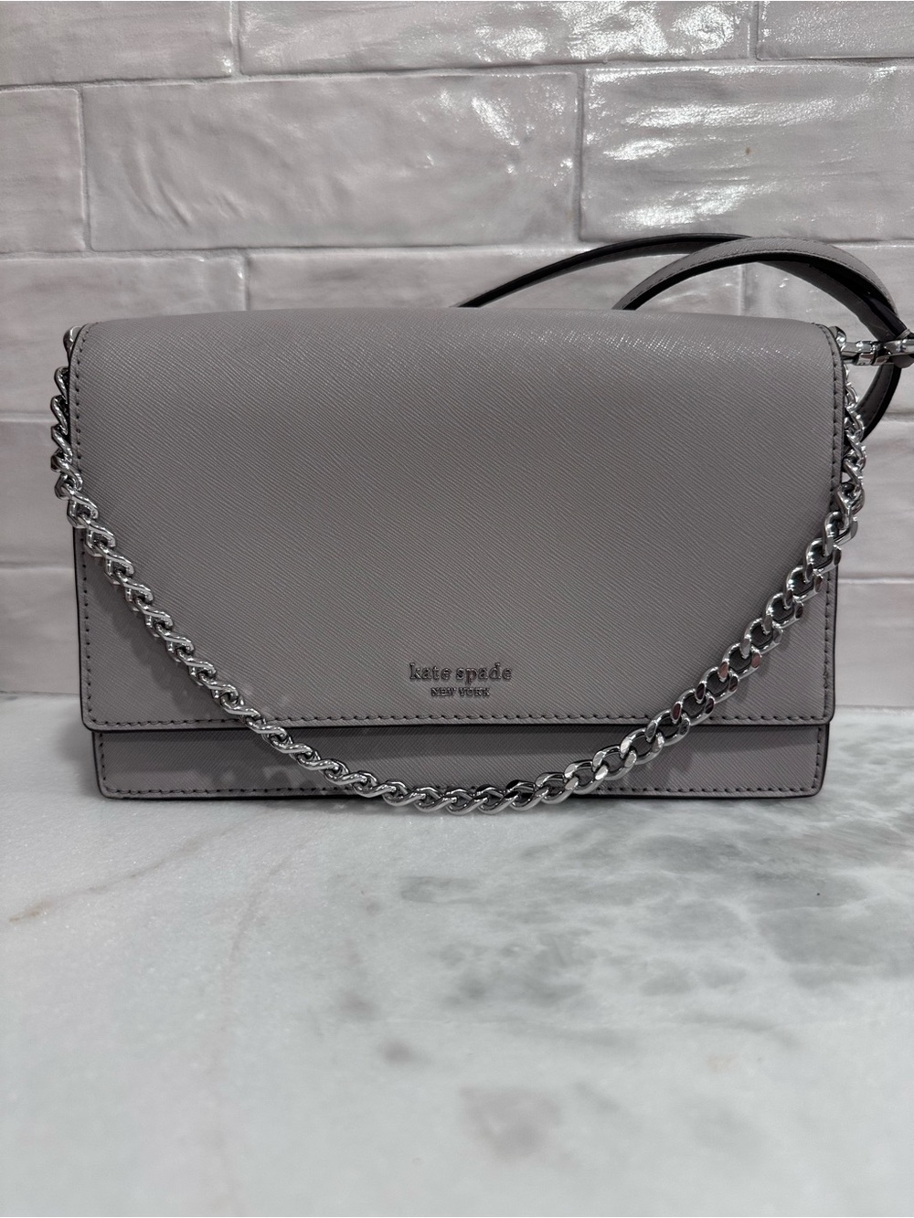 kate spade ♠️ Gray Leather Crossbody with Silver Chain